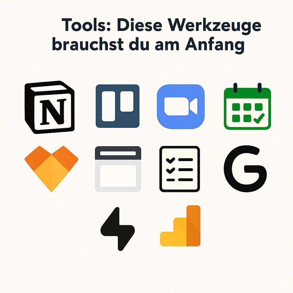 Eine moderne, minimalistische Symbolgrafik zeigt 10 bekannte Tools als farbige Icons auf hellem Hintergrund. Abgebildet sind unter anderem Notion, Trello, Zoom, Calendly, Figma, Carrd, Tally, Gumroad, Stripe und Google Analytics.