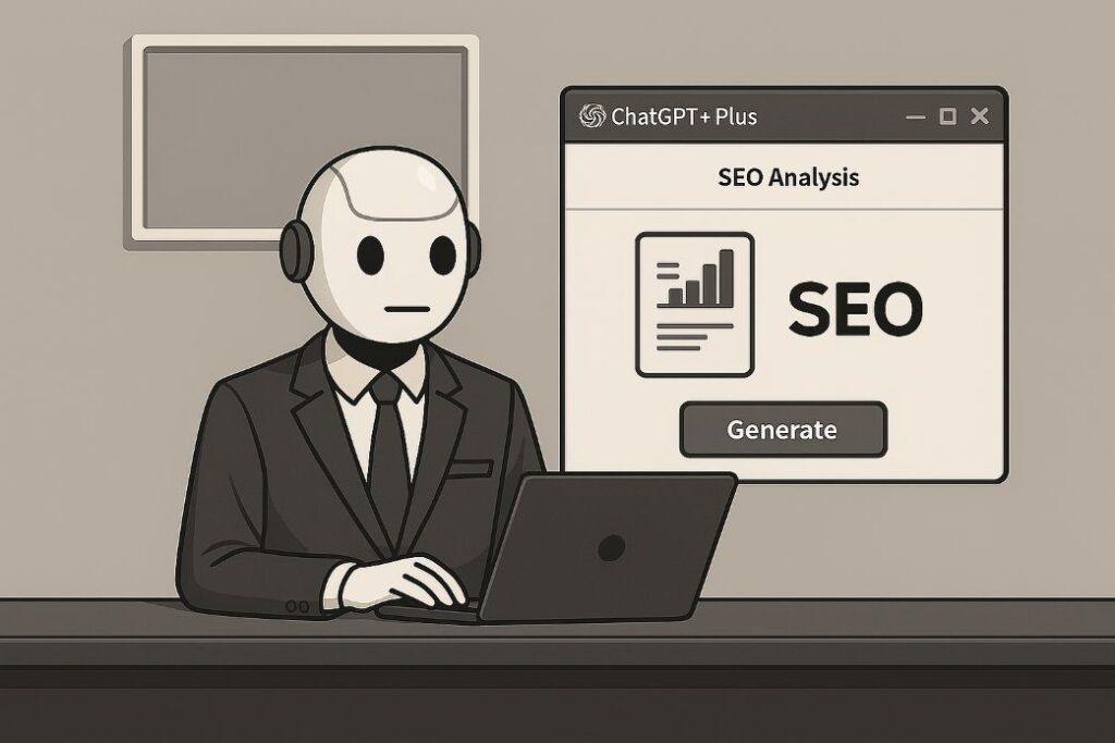 Illustration eines humanoiden Roboters mit Headset im Anzug, der an einem Laptop sitzt. Auf dem Bildschirm erscheint ein Fenster mit der Aufschrift „ChatGPT Plus – SEO Analysis“ und einem Button „Generate“. 
