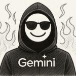 Illustration einer Figur mit Kapuze, Sonnenbrille und breitem Grinsen, auf dem Hoodie steht „Gemini“. Im Hintergrund stilisierte Flammen – sinnbildlich für die mächtige, aber auch geheimnisvolle Wirkung von Googles KI-Plattform.