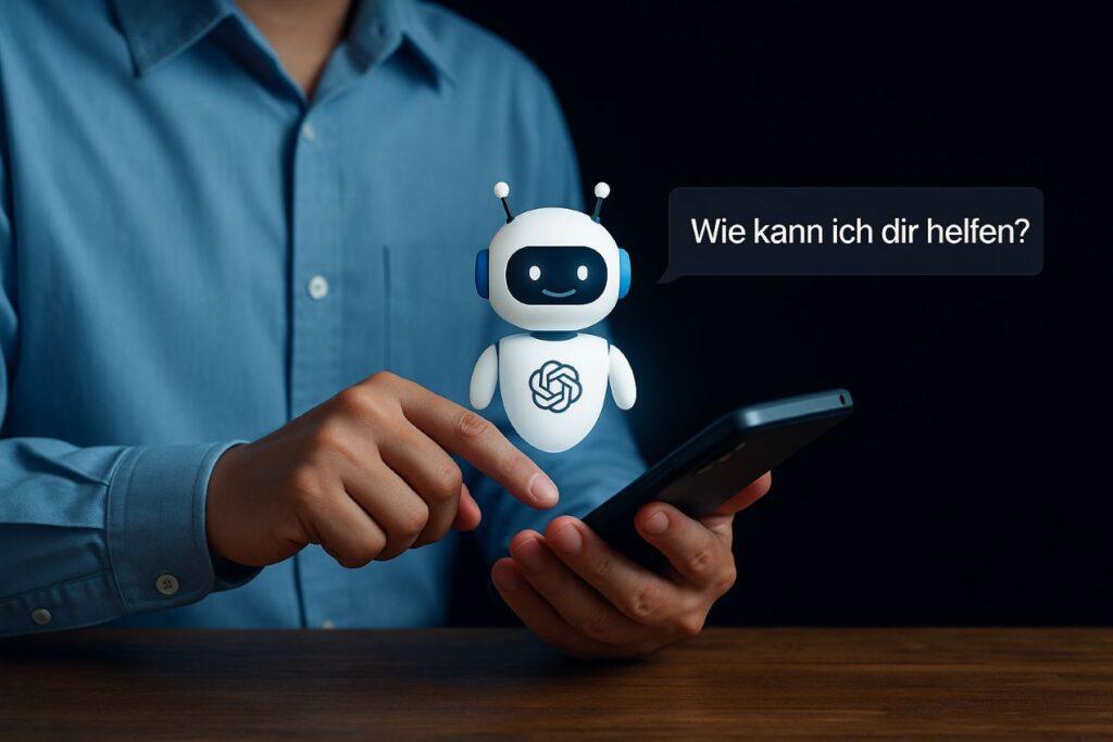 Ein Mann in blauem Hemd hält ein Smartphone, über dem ein animierter ChatGPT-Roboter mit dem Satz „Wie kann ich dir helfen?“ erscheint – Symbolbild für den Einsatz von ChatGPT Teams im Business-Kontext