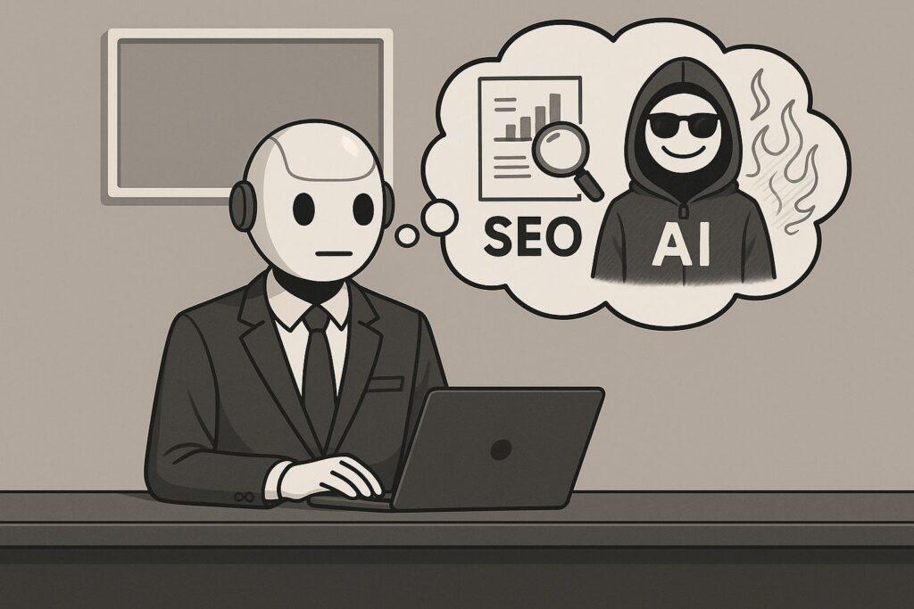 Illustration eines humanoiden Roboters im Anzug, der am Laptop sitzt und über SEO und künstliche Intelligenz nachdenkt – dargestellt durch eine Sprechblase mit Diagramm, Lupe und einem KI-Hoodie-Charakter.