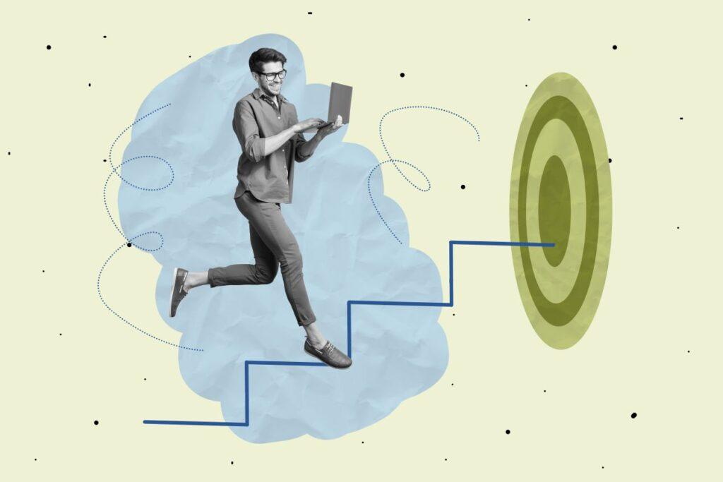 Illustration eines lächelnden Mannes mit Laptop, der auf einer stilisierten Treppe in Richtung Zielscheibe springt – symbolisiert den Weg zur erfolgreichen Startup-Gründung